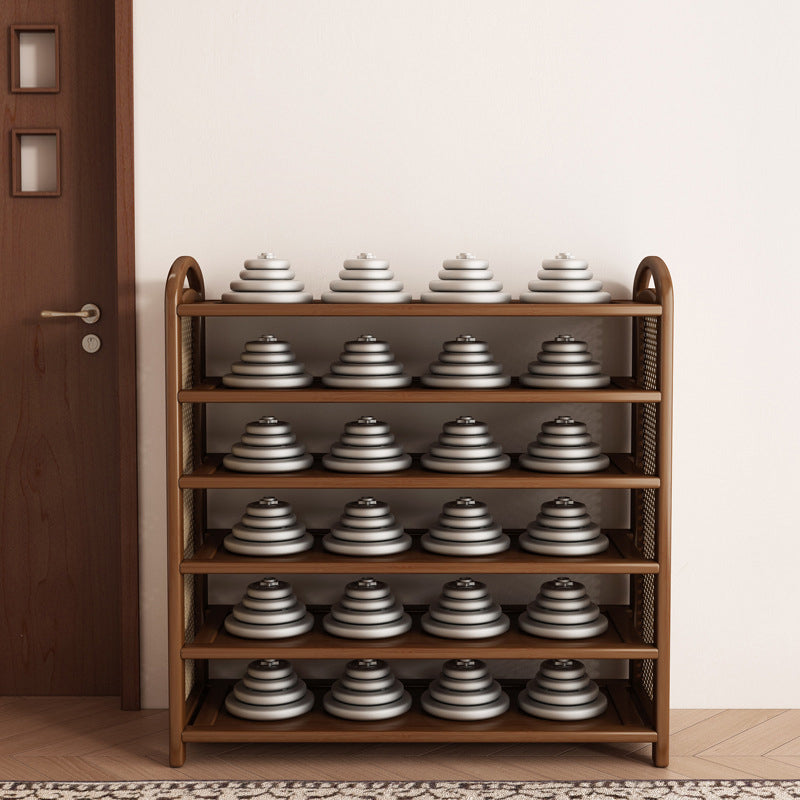 Multi-tier shoe storage shelf with rattan-effect side panels