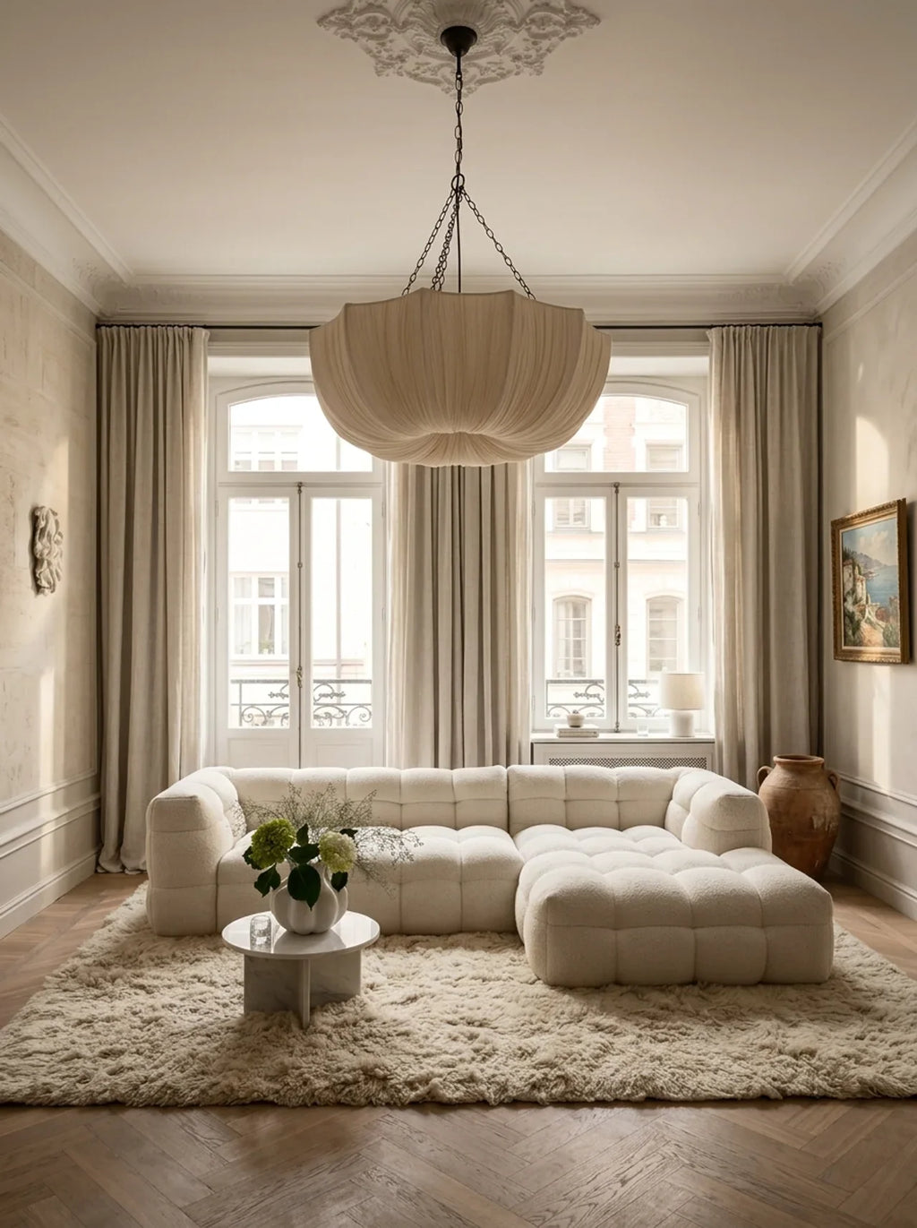 Cream pleated pendant light with dark chain suspension