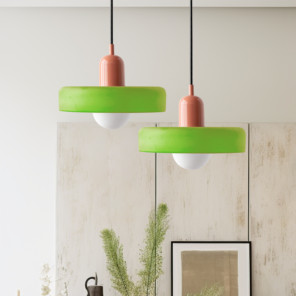 Adjustable Bauhaus ceiling pendant light with circular glass shade and hanging cable
