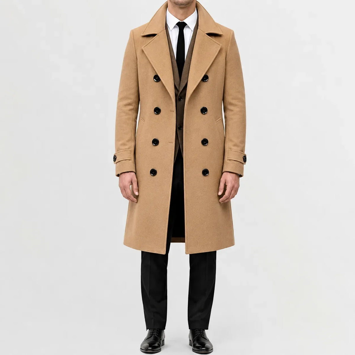 Long double-breasted trench coat with notched lapels and cuff tabs