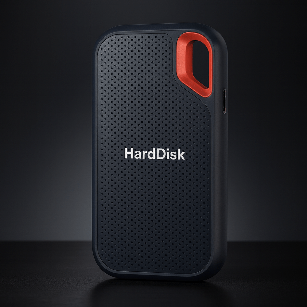 Black portable external SSD hard drive with textured case, red carry loop and USB cable