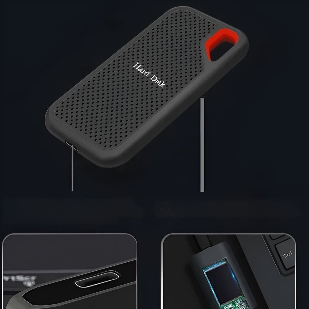 Black portable external SSD hard drive with textured case, red carry loop and USB cable