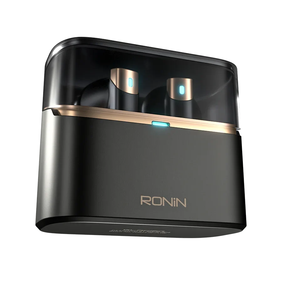 In-ear earbuds seated in a matching charging case