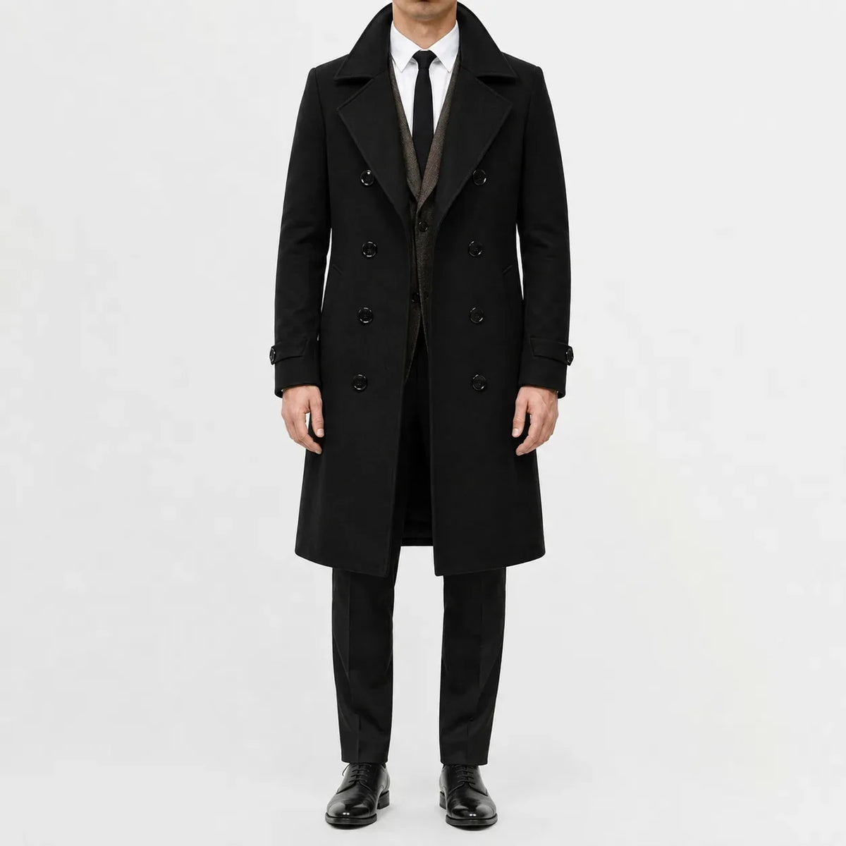Long double-breasted trench coat with notched lapels and cuff tabs