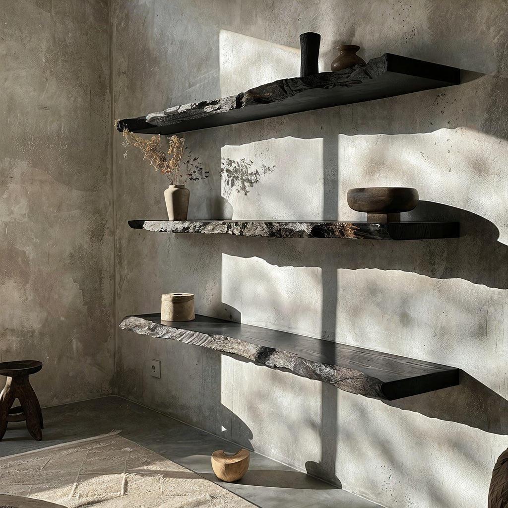 Black live edge floating wall shelves with sculptural contours and warm underside lighting