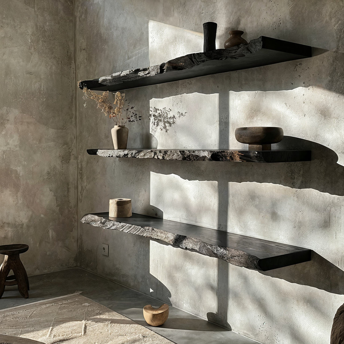 Black live edge floating wall shelves with sculptural contours and warm underside lighting