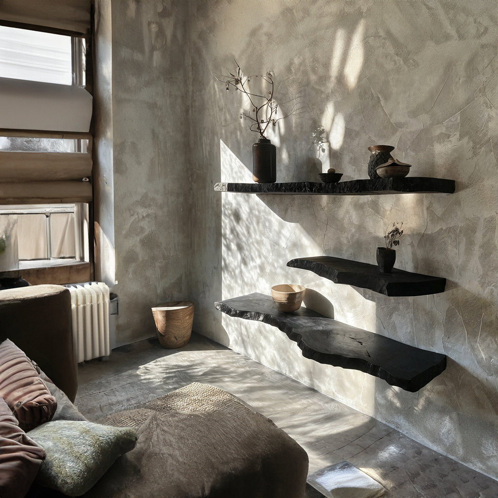 Black live edge floating wall shelves with sculptural contours and warm underside lighting