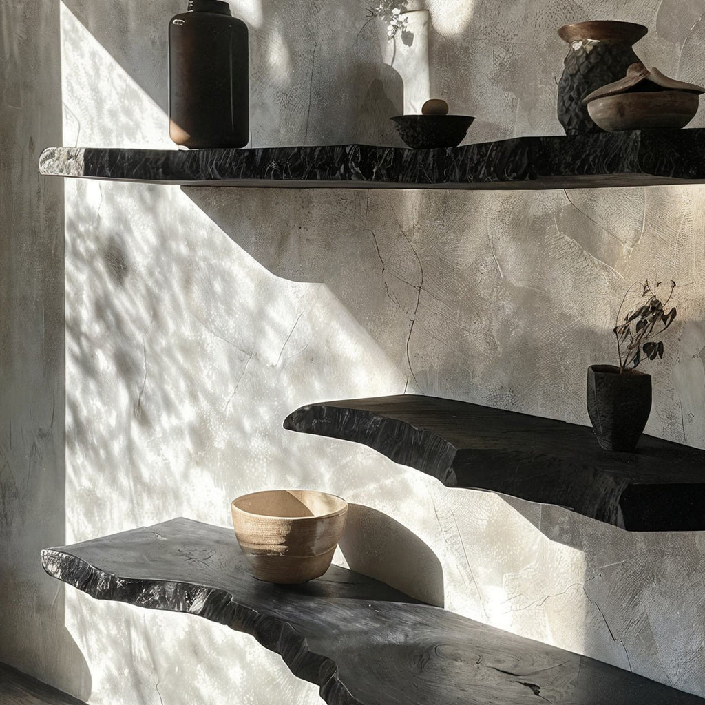 Black live edge floating wall shelves with sculptural contours and warm underside lighting