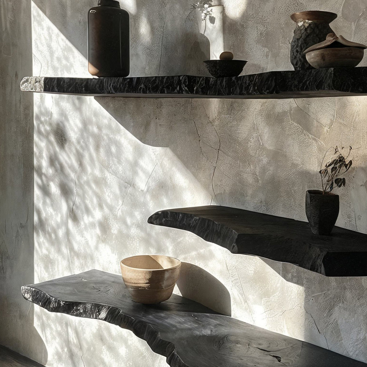 Black live edge floating wall shelves with sculptural contours and warm underside lighting