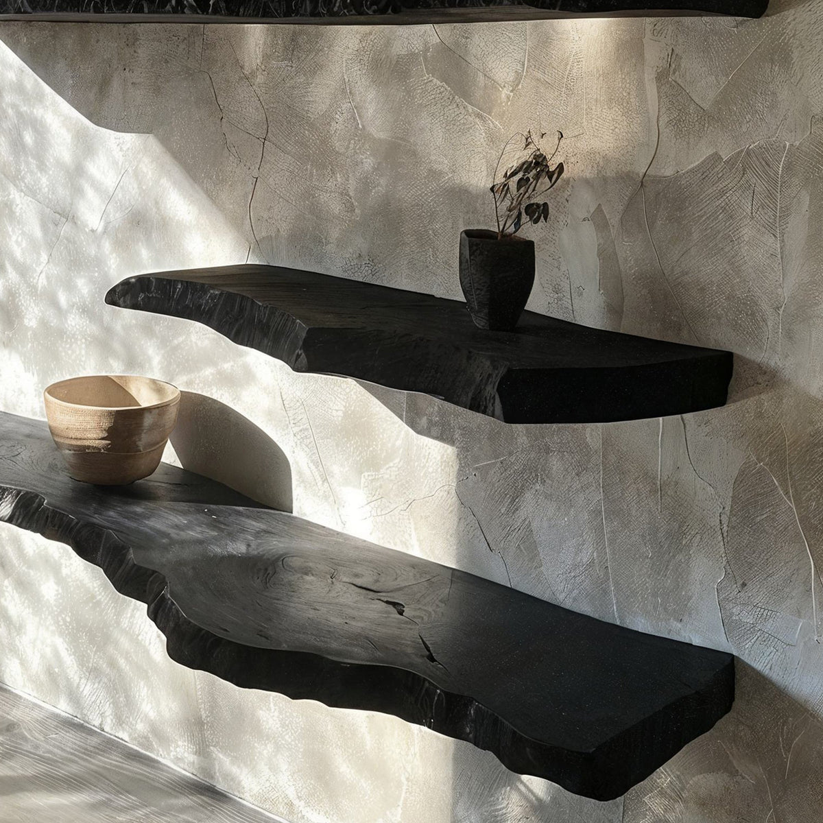 Black live edge floating wall shelves with sculptural contours and warm underside lighting