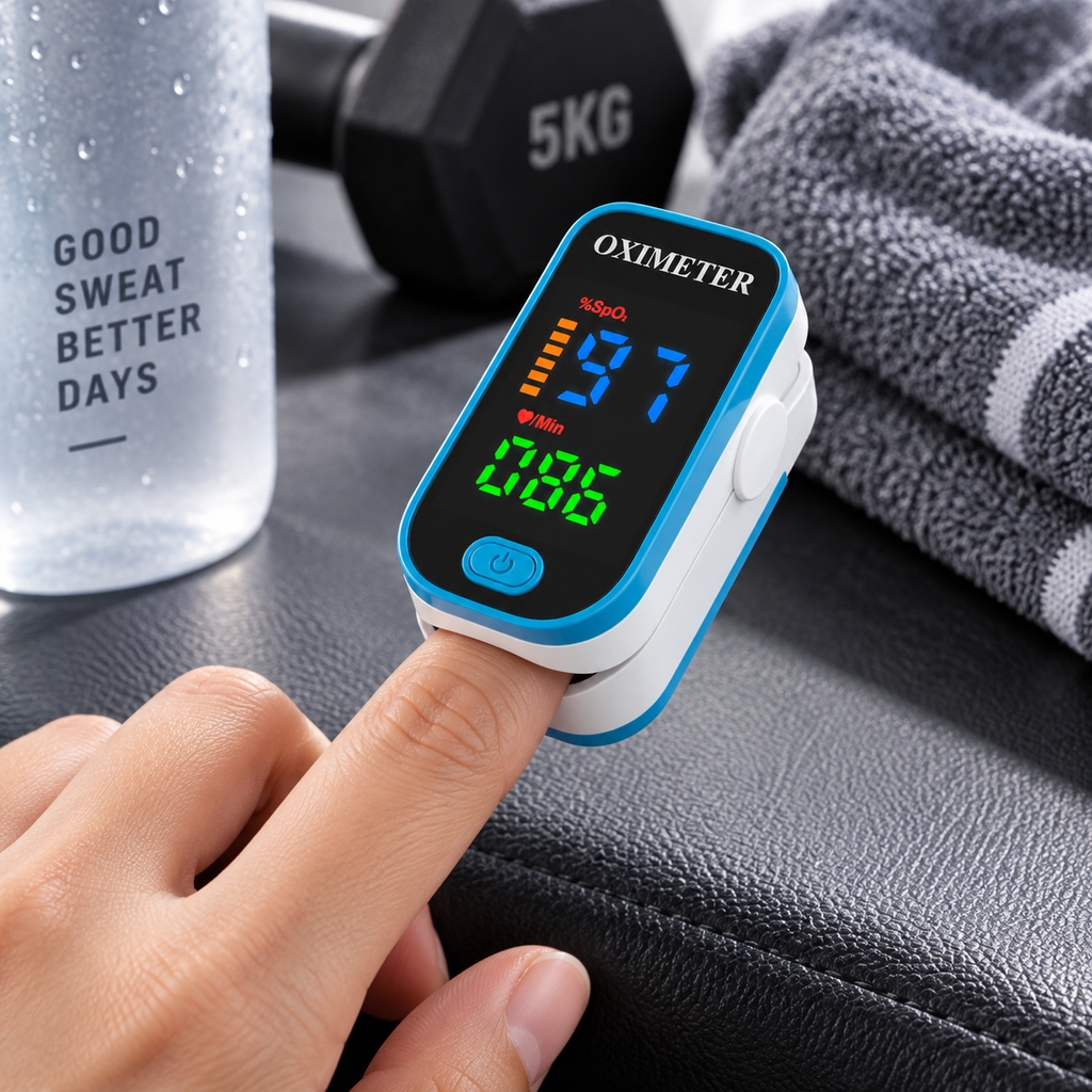 Portable finger pulse oximeter with LED SpO2 and pulse display