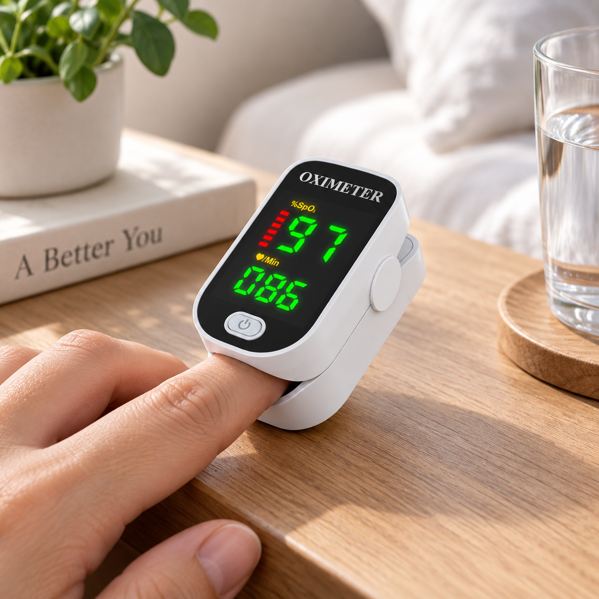 Portable finger pulse oximeter with LED SpO2 and pulse display