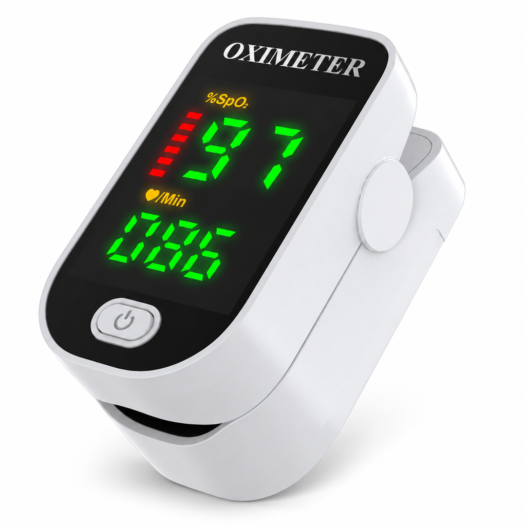 Portable finger pulse oximeter with LED SpO2 and pulse display