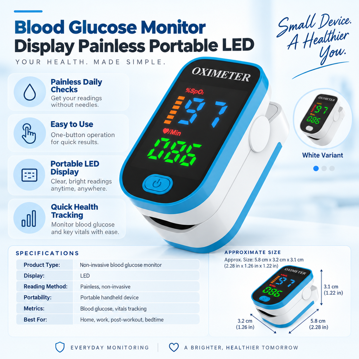 Portable finger pulse oximeter with LED SpO2 and pulse display