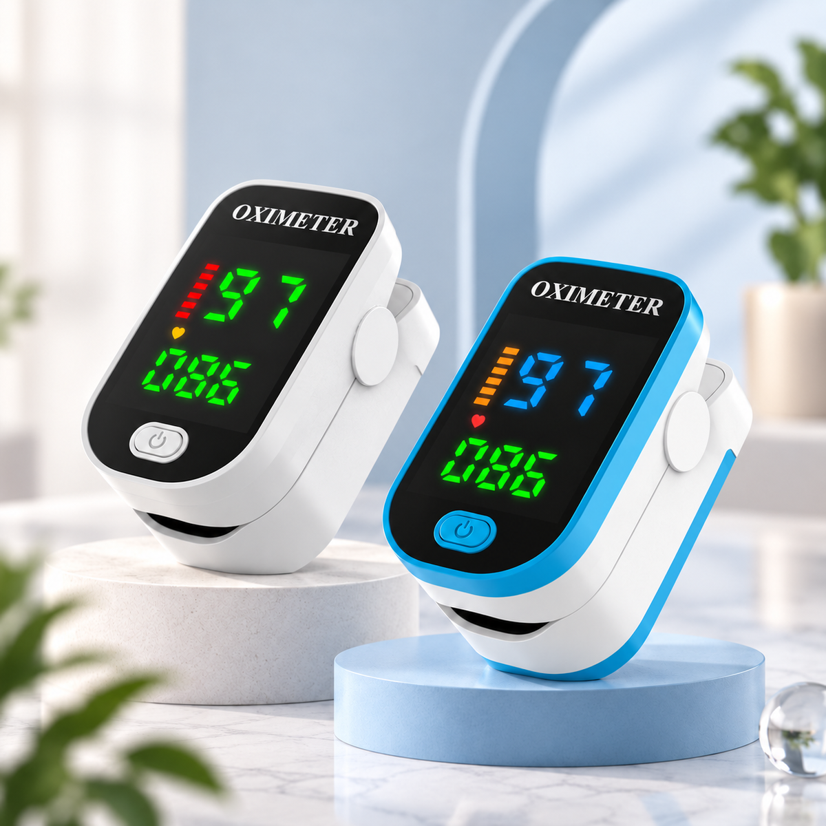 Portable finger pulse oximeter with LED SpO2 and pulse display