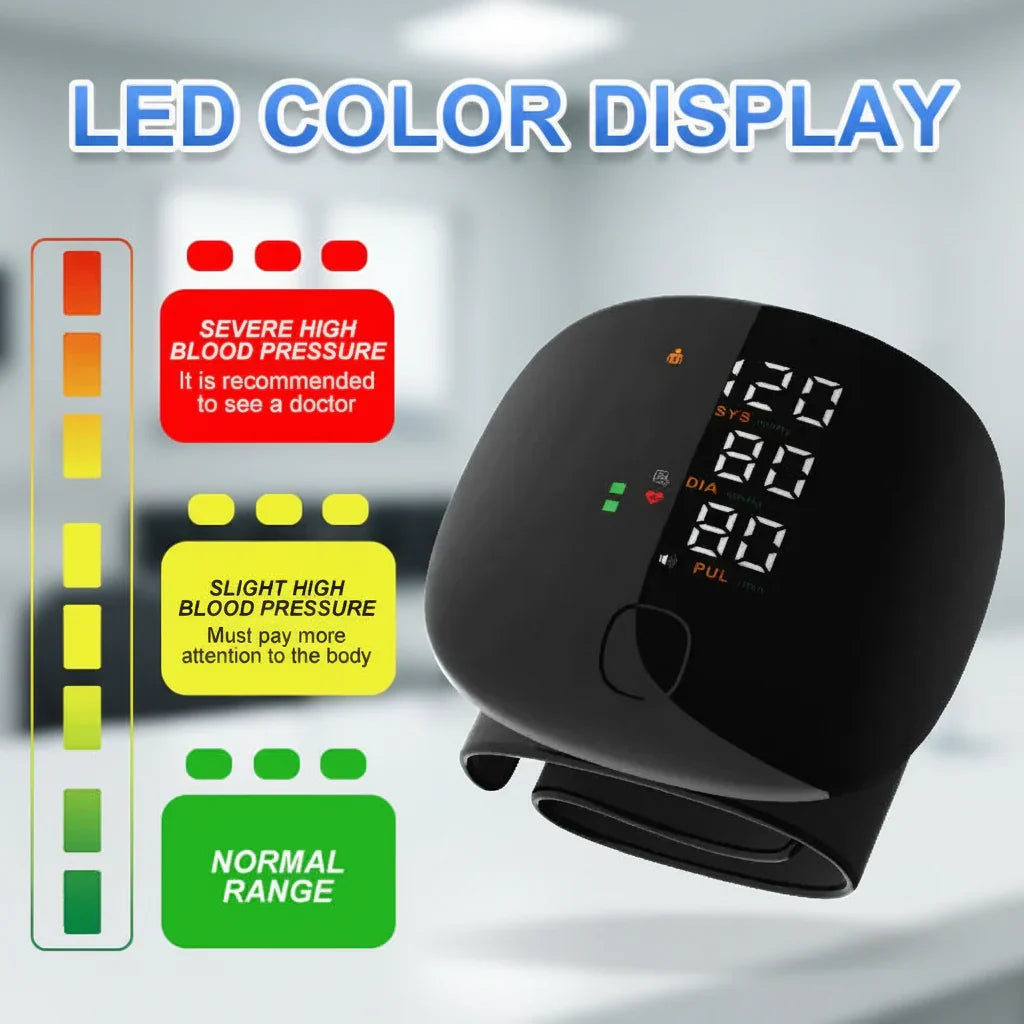 Black wrist blood pressure monitor with digital SYS DIA PUL display