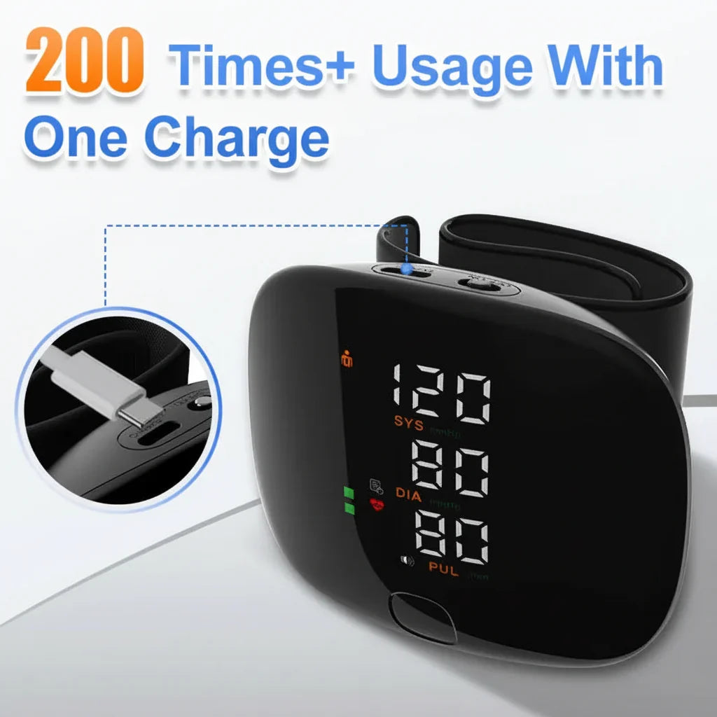 Black wrist blood pressure monitor with digital SYS DIA PUL display