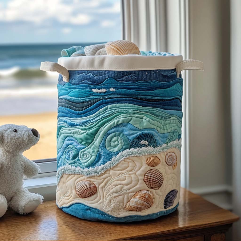 Quilted blue and beige laundry basket with handles and coastal shell design