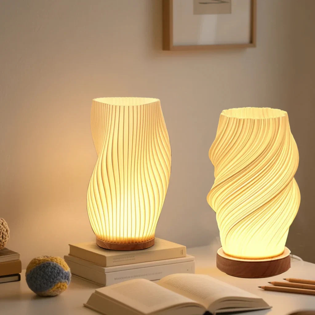 Dimmable white ribbed LED table lamp with wood-effect base