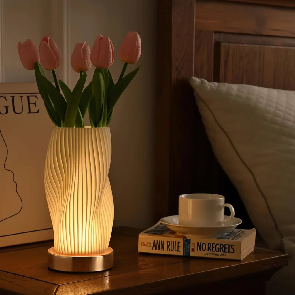 Dimmable white ribbed LED table lamp with wood-effect base