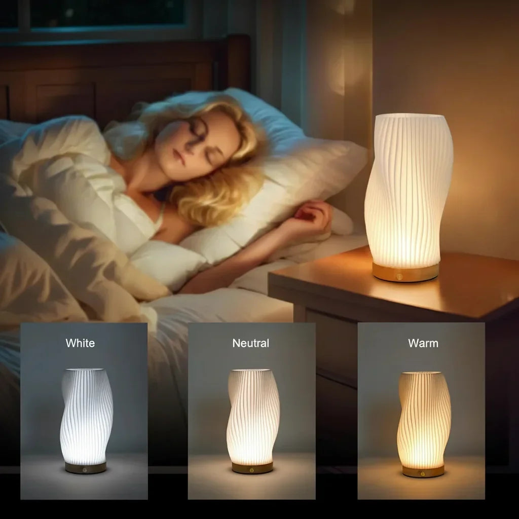 Dimmable white ribbed LED table lamp with wood-effect base