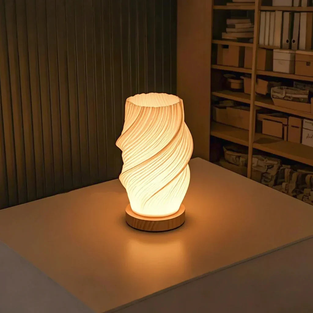 Dimmable white ribbed LED table lamp with wood-effect base