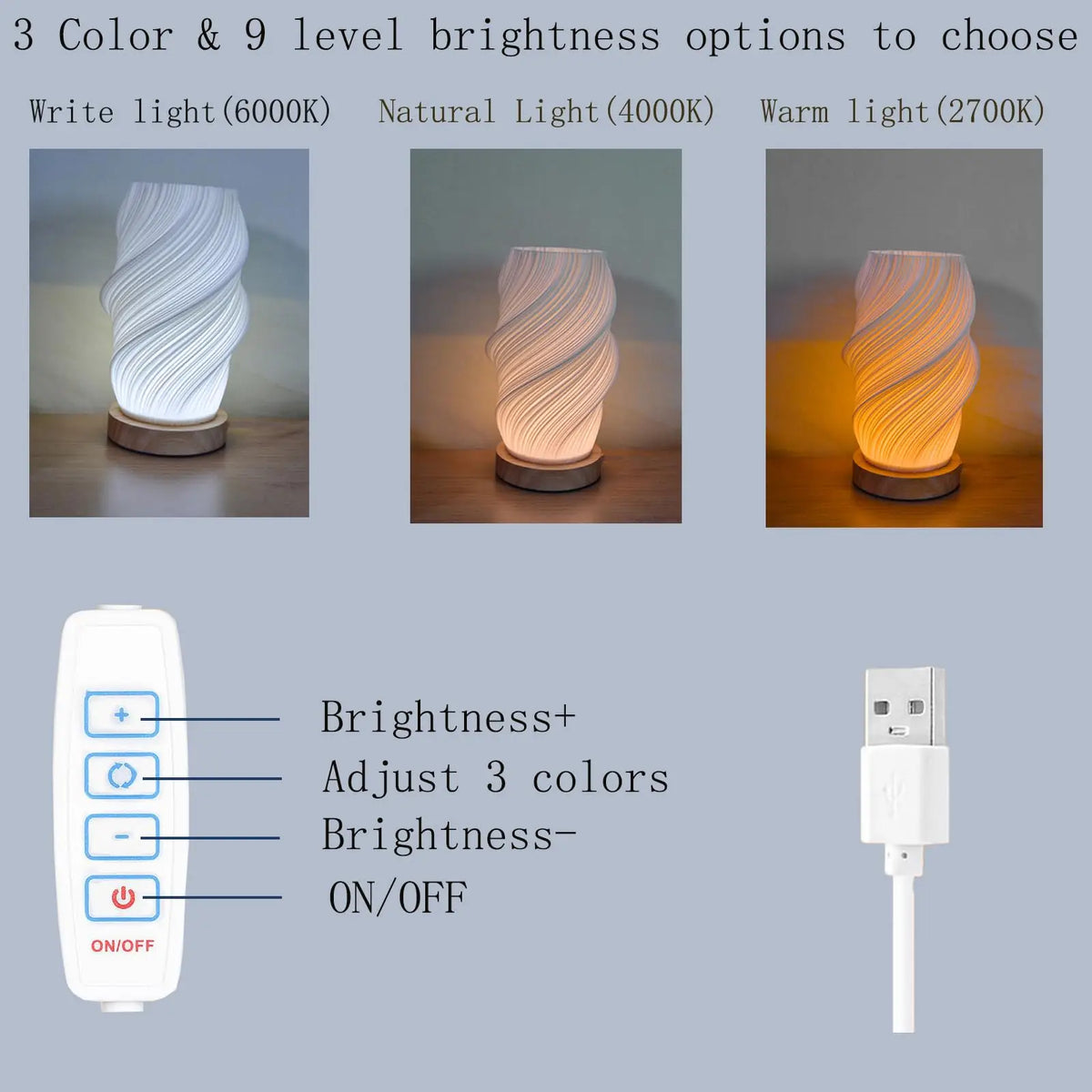Dimmable white ribbed LED table lamp with wood-effect base