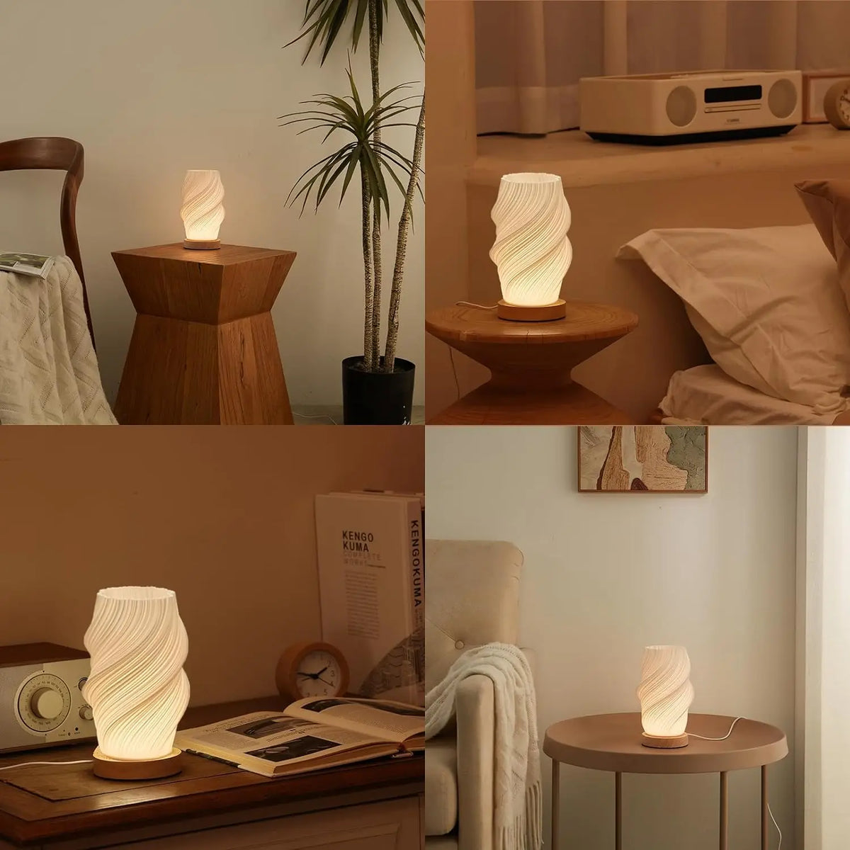 Dimmable white ribbed LED table lamp with wood-effect base