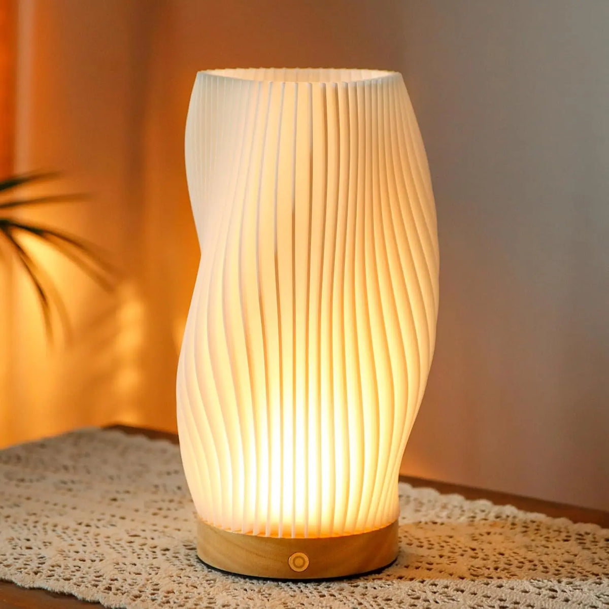 Dimmable white ribbed LED table lamp with wood-effect base
