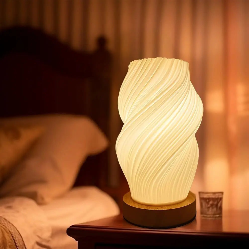 Dimmable white ribbed LED table lamp with wood-effect base