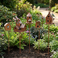 Decorative metal bird house garden stakes with roofs, perches and leaf details