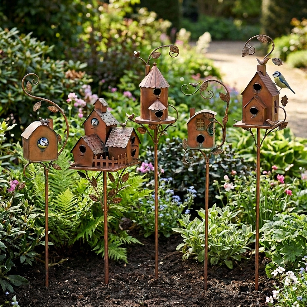 Decorative metal bird house garden stakes with roofs, perches and leaf details