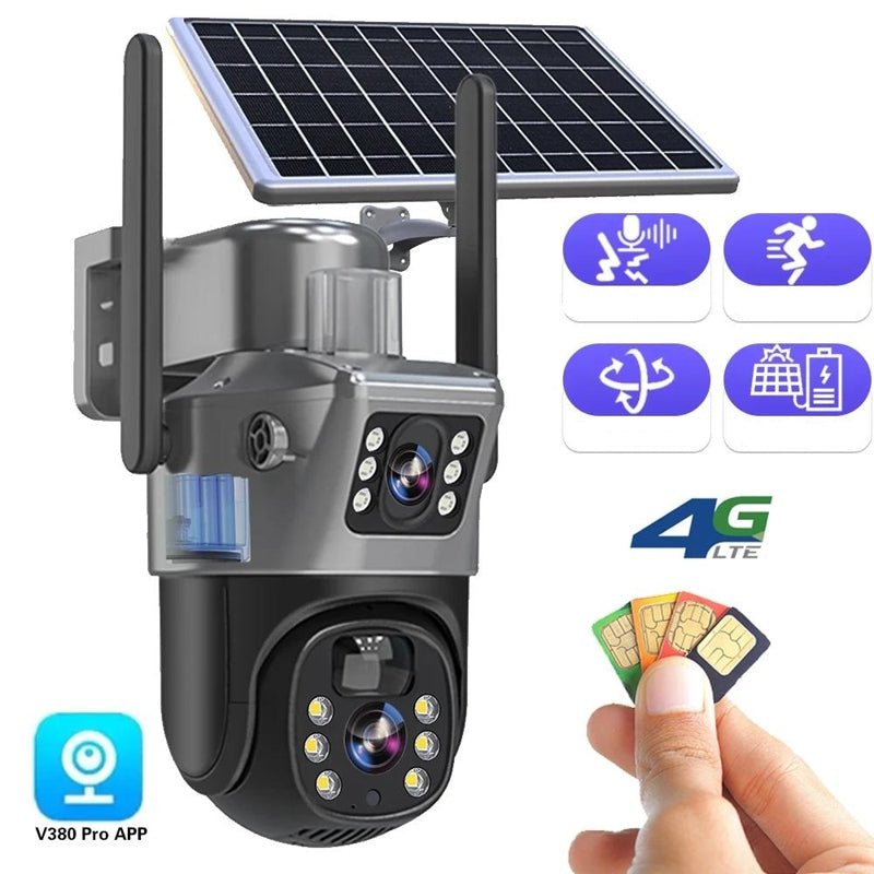 Grey and black dual-lens solar security camera with integrated solar panel