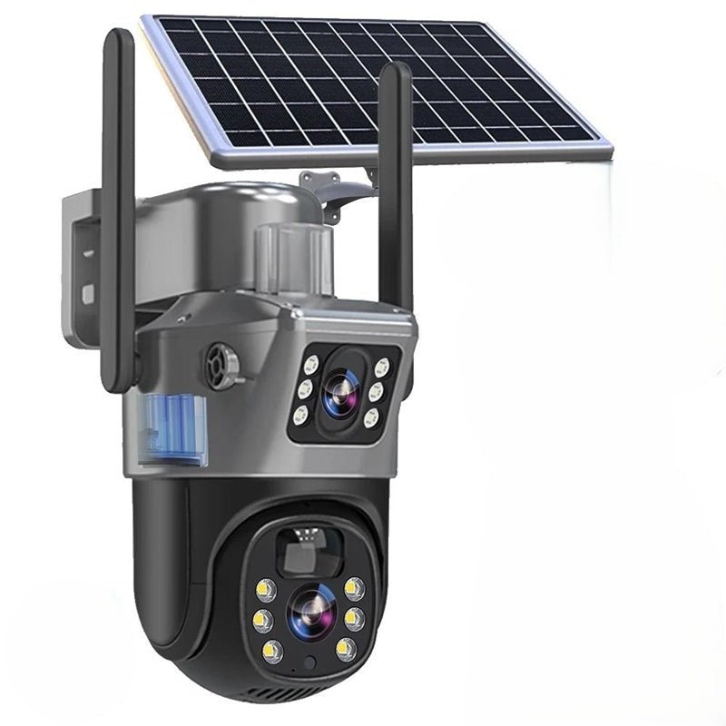 Grey and black dual-lens solar security camera with integrated solar panel