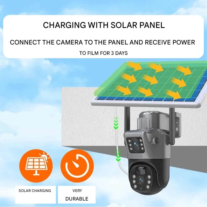 Grey and black dual-lens solar security camera with integrated solar panel