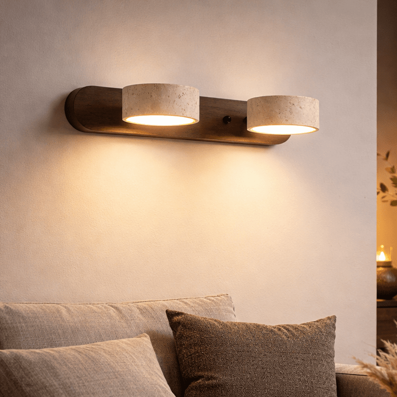 LED wall light with two travertine-effect shades on a wood-effect bar