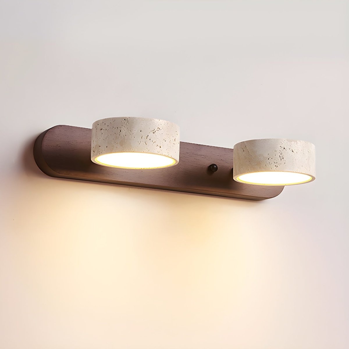 LED wall light with two travertine-effect shades on a wood-effect bar