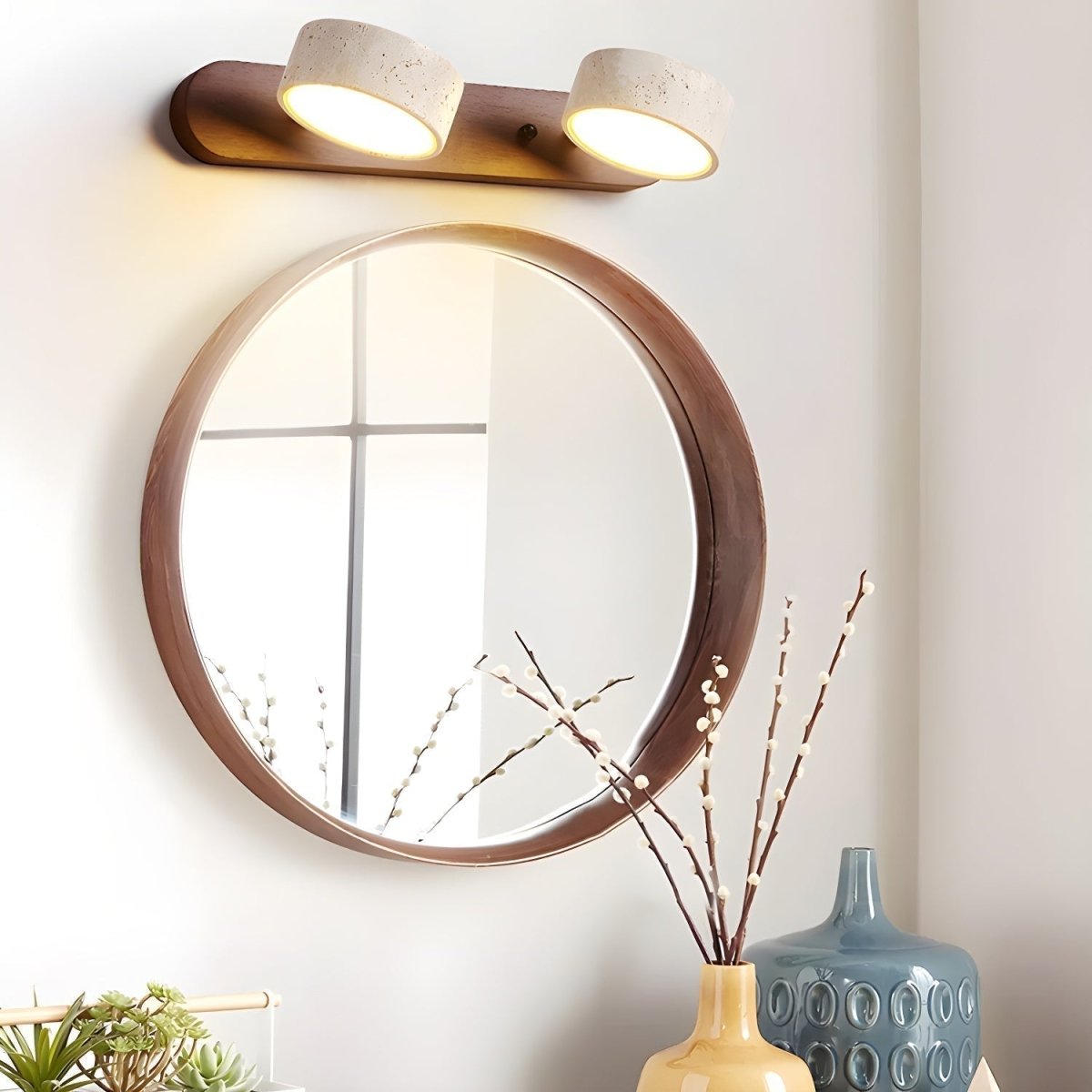 LED wall light with two travertine-effect shades on a wood-effect bar