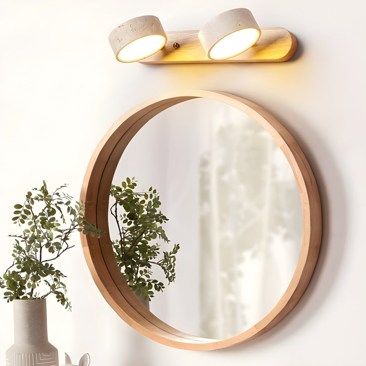 LED wall light with two travertine-effect shades on a wood-effect bar