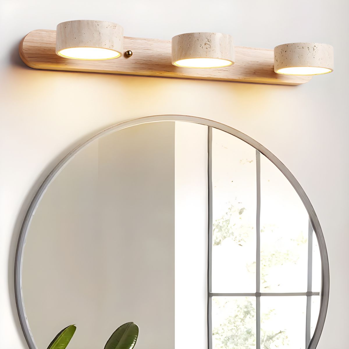 LED wall light with two travertine-effect shades on a wood-effect bar