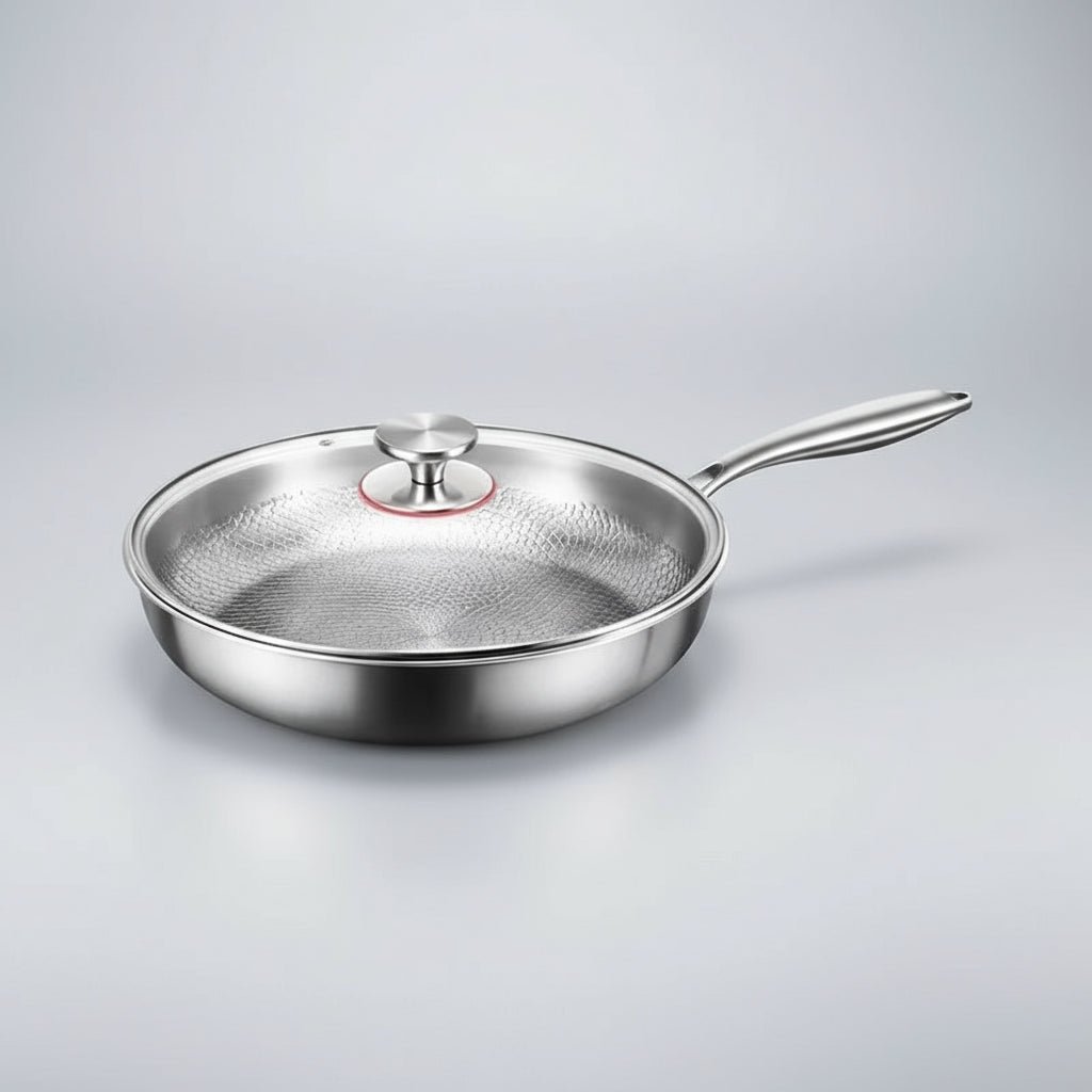 Silver titanium non-stick frying pan with hammered interior and long handle