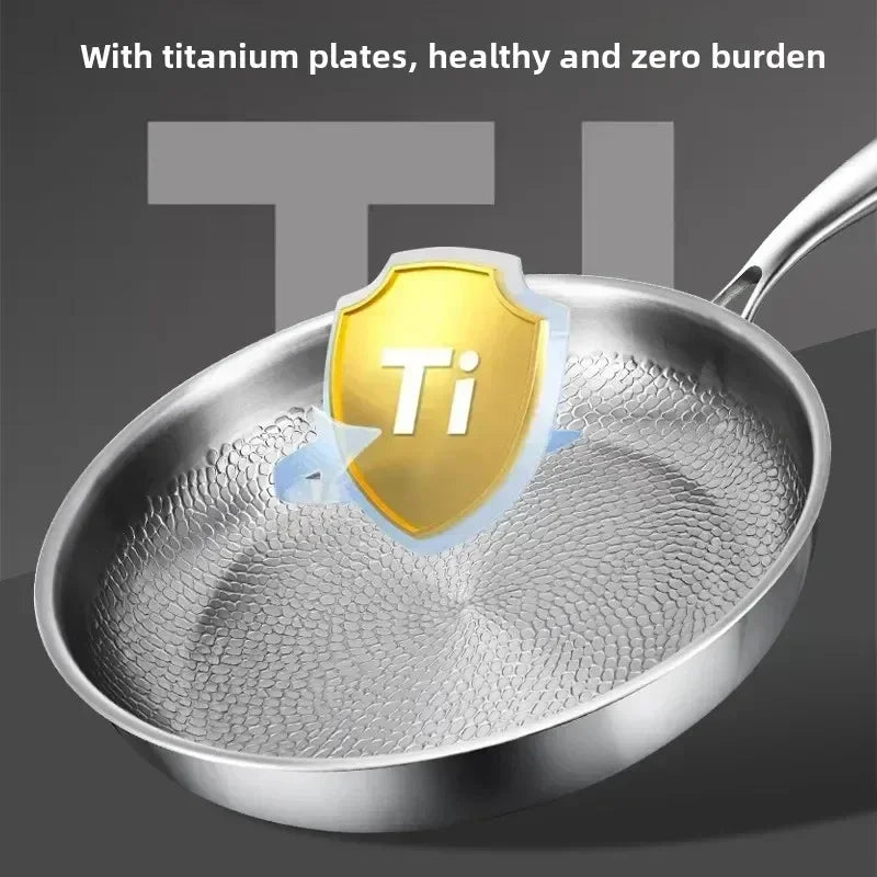 Silver titanium non-stick frying pan with hammered interior and long handle
