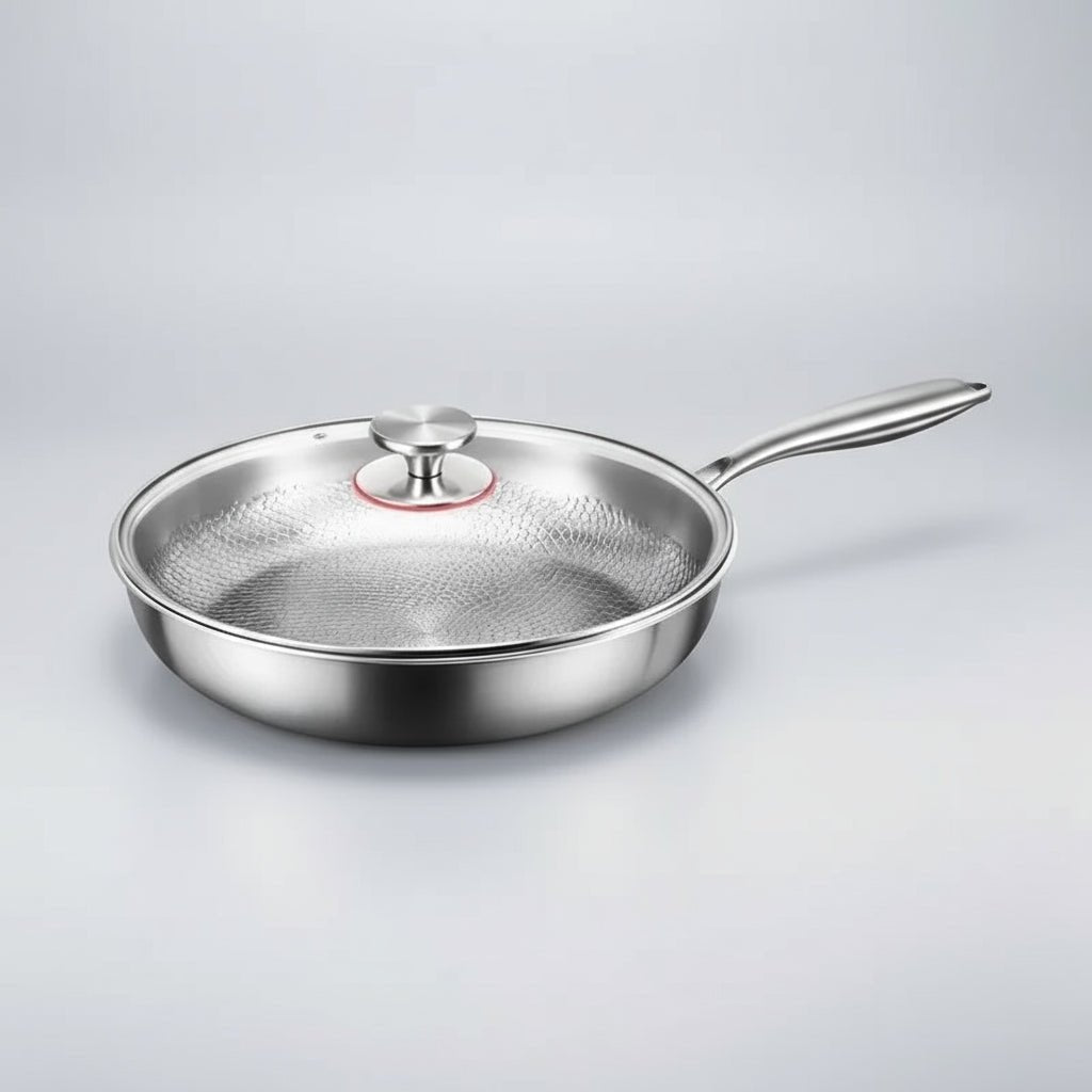 Silver titanium non-stick frying pan with hammered interior and long handle