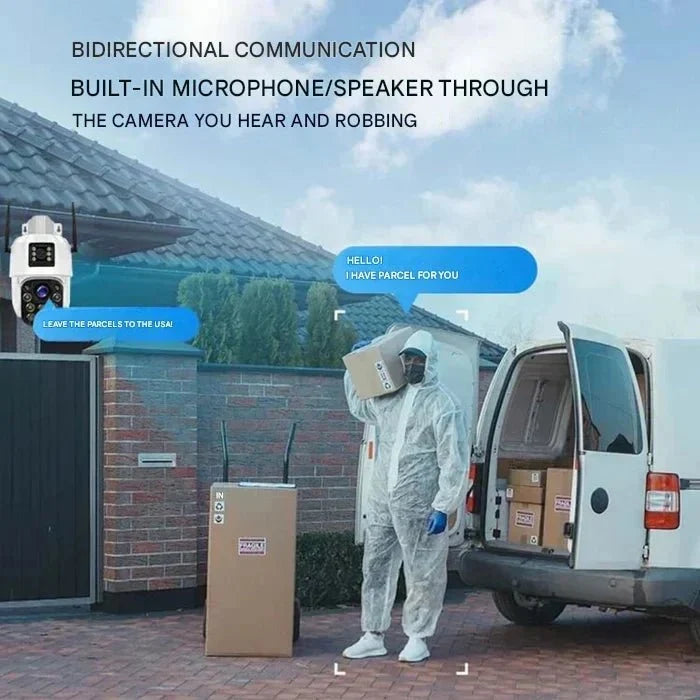 Grey and black dual-lens solar security camera with integrated solar panel