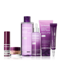 Calcium skincare set with purple toner, serum, creams and balm stick