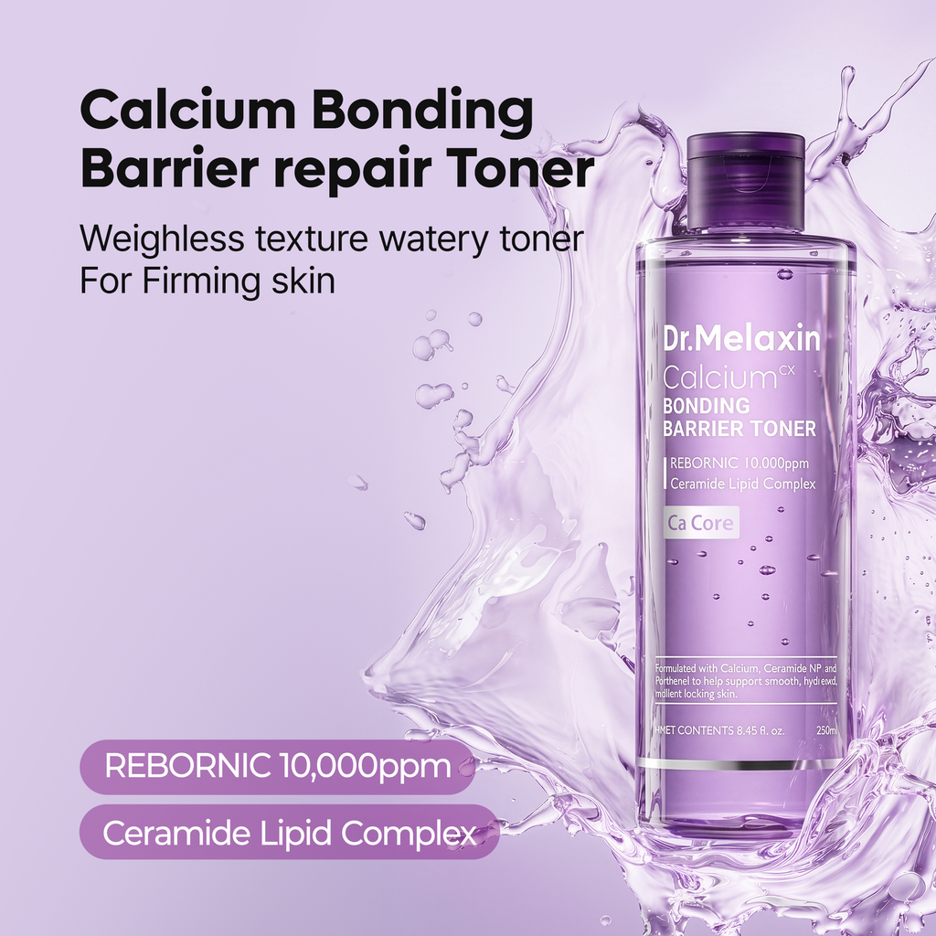 Calcium skincare set with purple toner, serum, creams and balm stick