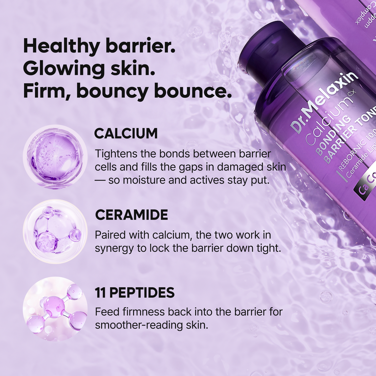 Calcium skincare set with purple toner, serum, creams and balm stick