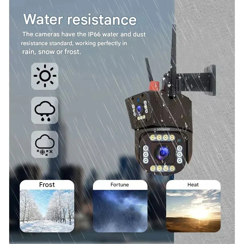 Grey and black dual-lens solar security camera with integrated solar panel