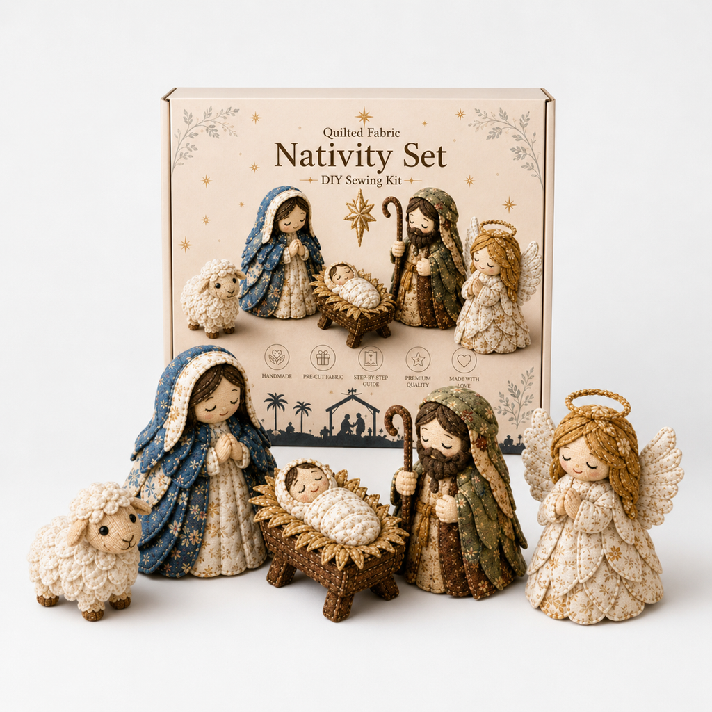 Patchwork fabric nativity sewing kit with Holy Family and Three Wise Men scenes