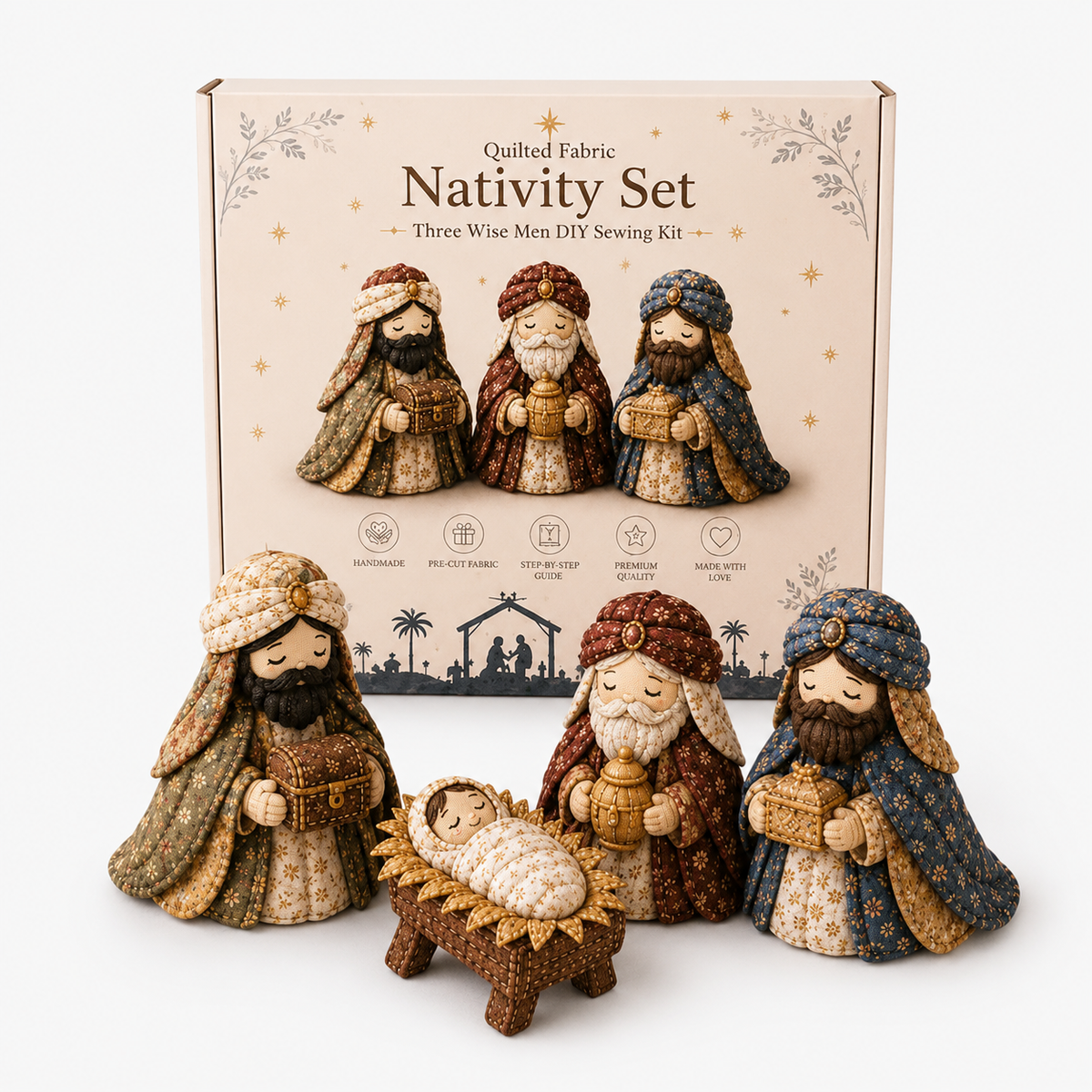 Patchwork fabric nativity sewing kit with Holy Family and Three Wise Men scenes